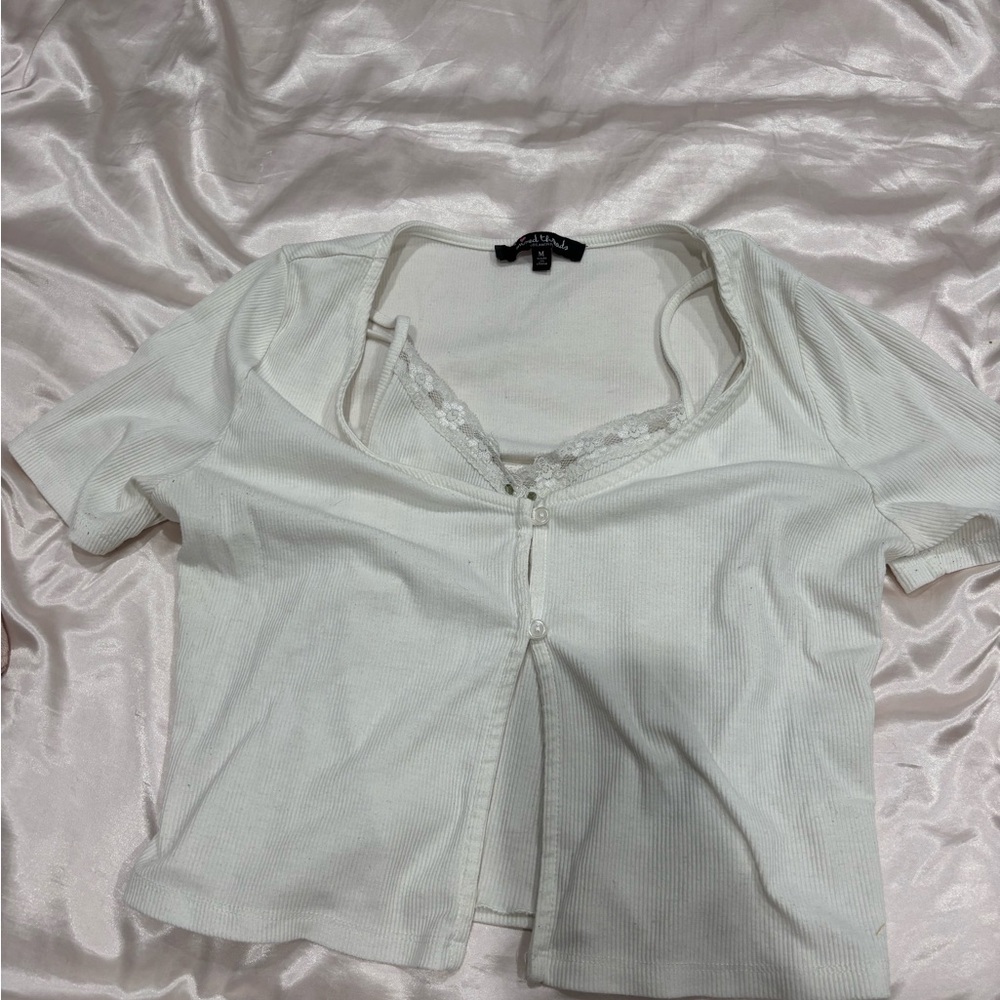 White Ribbed Lace-Trim Short Sleeve Top
